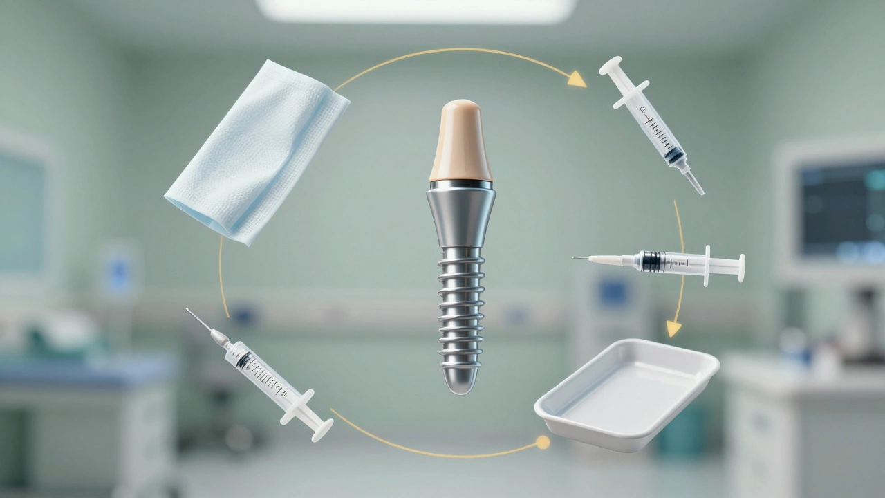 An orthopedic implant surrounded by disposable medical supplies in a circular revenue pattern.