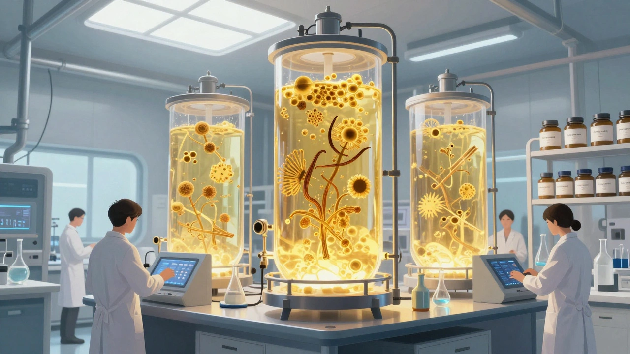 Bioreactors glowing with microbial cultures producing synthetic ingredients in a clean lab-factory.