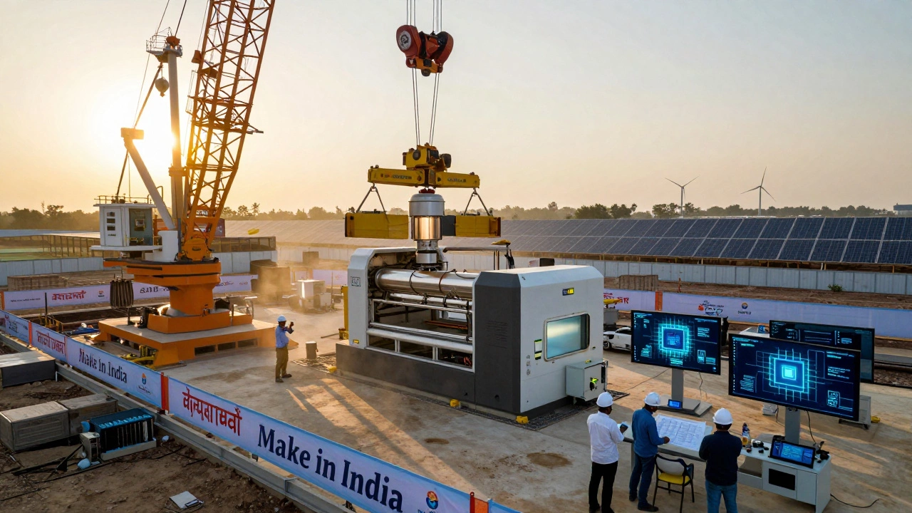 Construction site of a new semiconductor plant in India with cranes, engineers, and government signage under golden sunlight.