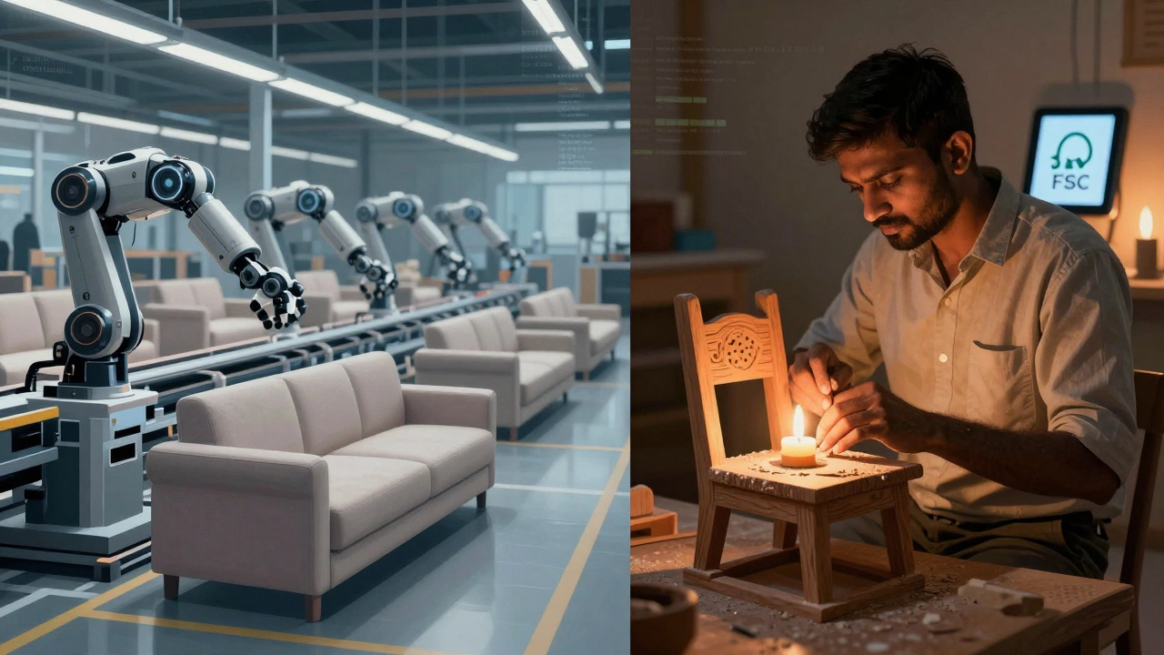 Contrast between automated Chinese assembly line and traditional Indian craftsmanship in furniture making.