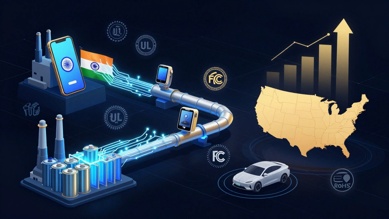 Digital pipeline showing Indian electronics flowing to American homes and vehicles.