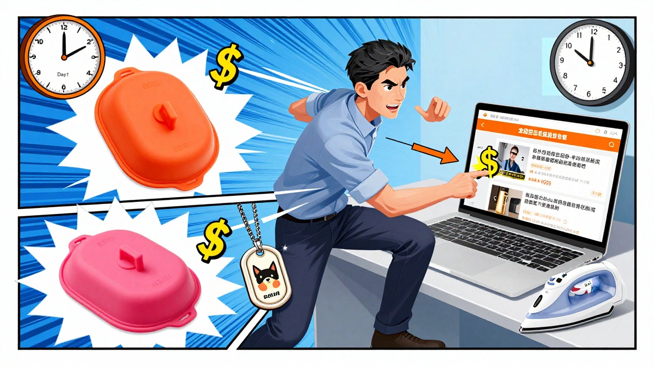 Entrepreneur examining small manufacturing products with dollar signs and a 45-day timeline in comic style.