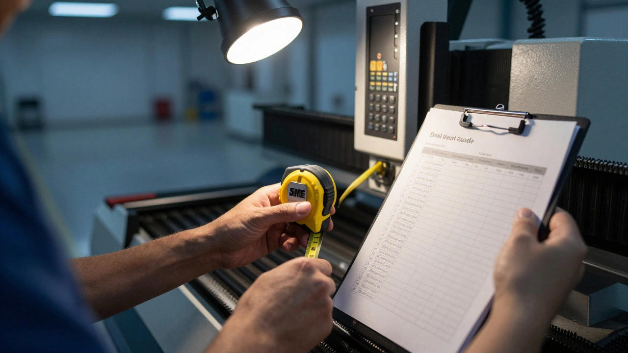 Hands holding a measuring tape and Excel sheet beside a CNC machine, symbolizing tradition and technology.