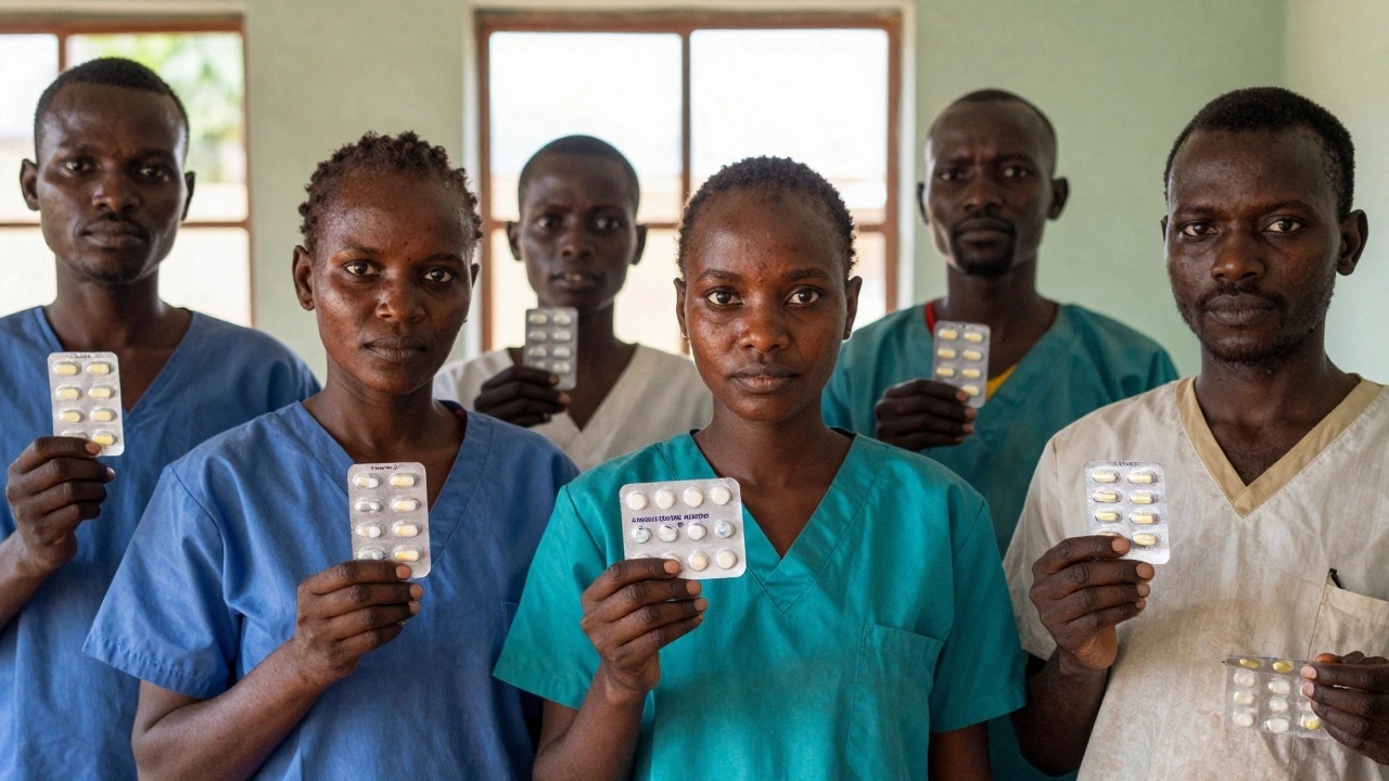 Healthcare workers in Africa and America holding generic medicines made in India, natural light, expressions of trust.
