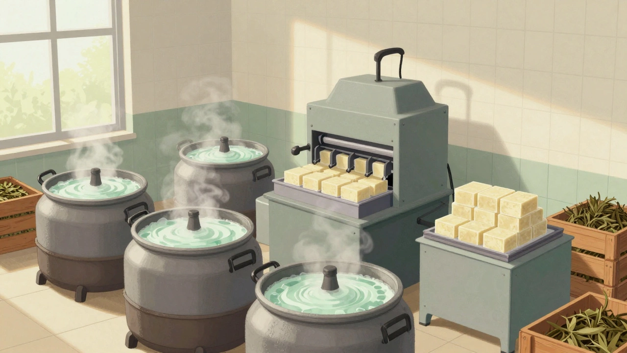 Herbal soap factory with steam kettles and automated filling machines