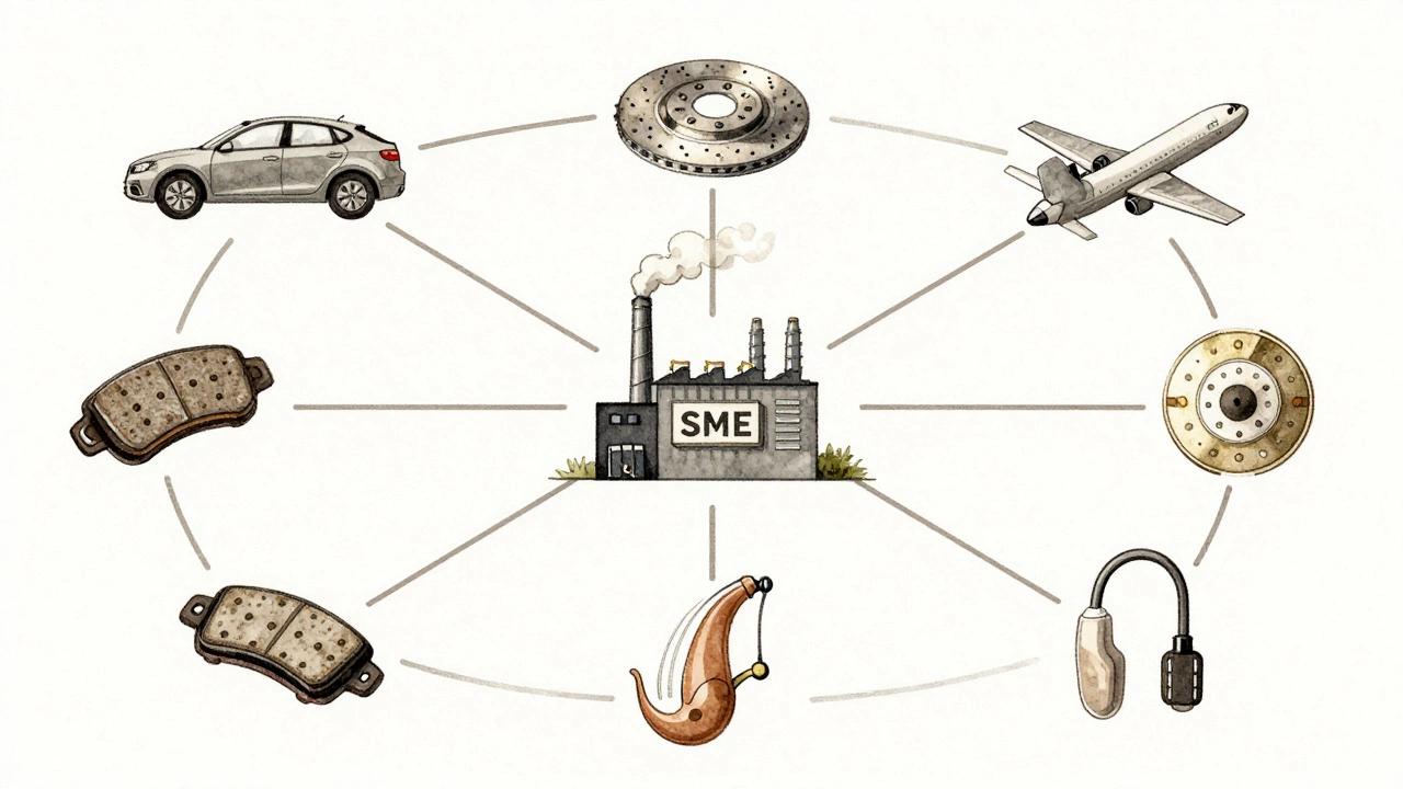 Illustrated network connecting a small factory to larger industries through icons of medical devices and auto parts.