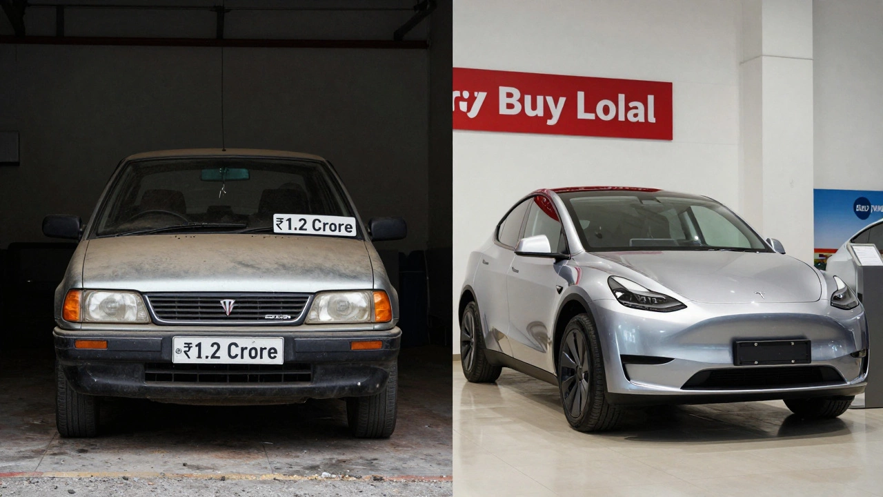Imported car in garage vs. new Tesla at Indian dealership, symbolizing import vs buy local