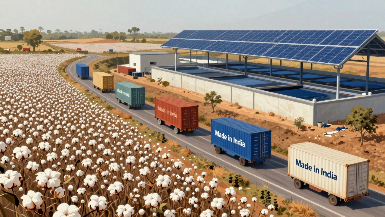 India's textile supply chain from cotton fields to export containers, rendered in warm tones.