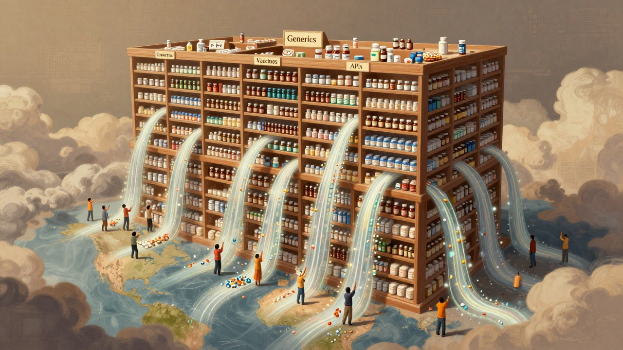 India depicted as a giant pharmacy shelf supplying medicines to the world, with pill rivers flowing to continents.