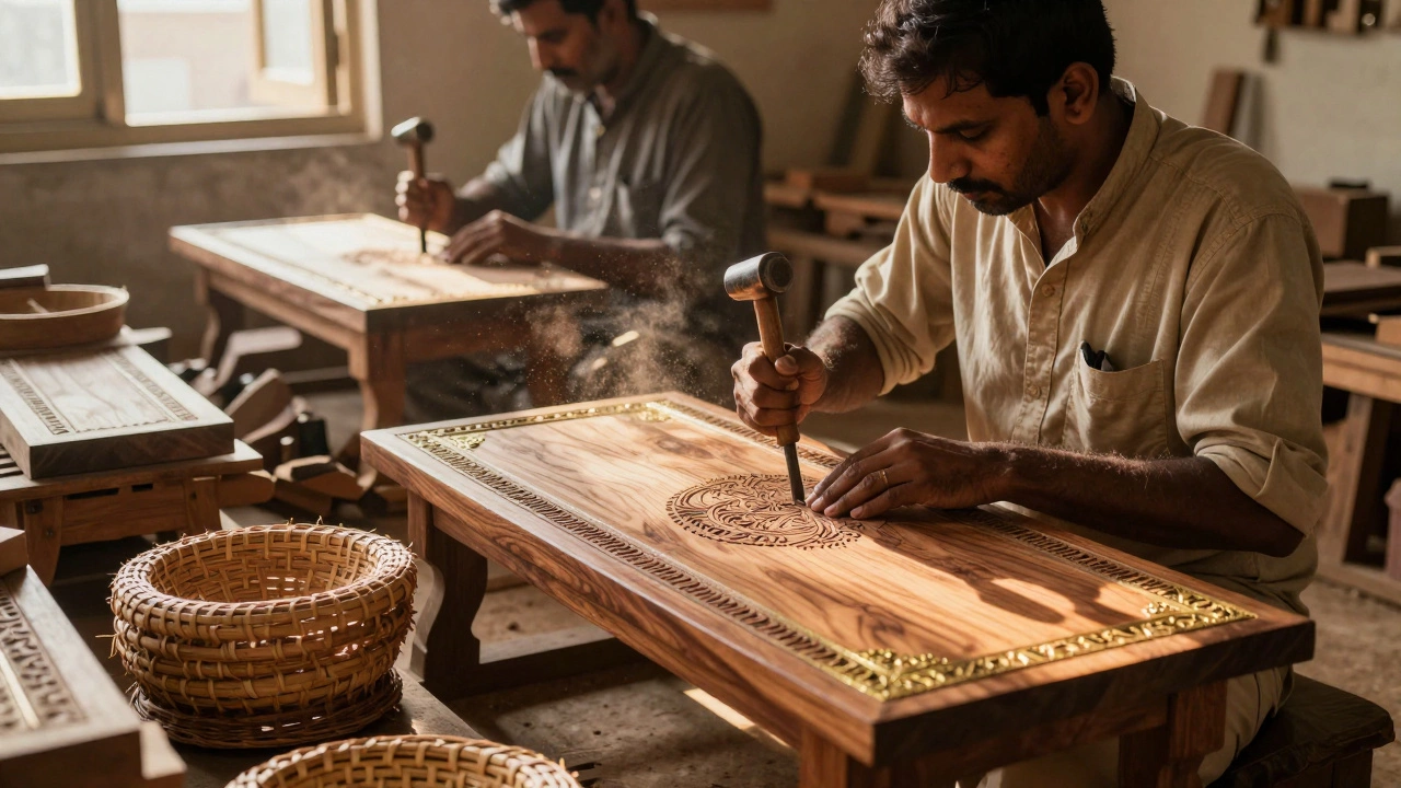 Indian artisan hand-carving a teakwood table in a sunlit workshop surrounded by raw wood and brass inlays.