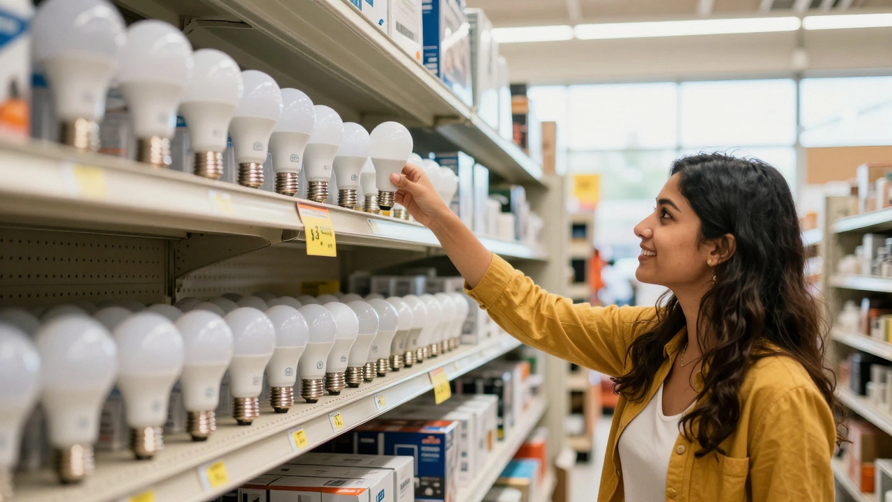 Indian-made LED bulbs on a U.S. retail shelf alongside other brands.