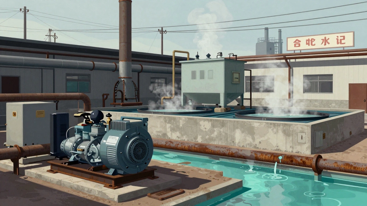Industrial utility setup with generator, transformer, and effluent treatment plant beside dye vats in a dusty courtyard.