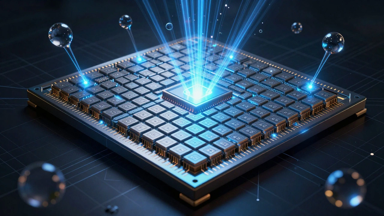 Magnified view of a silicon wafer showing billions of nanoscale transistors and EUV light beams etching precise layers.
