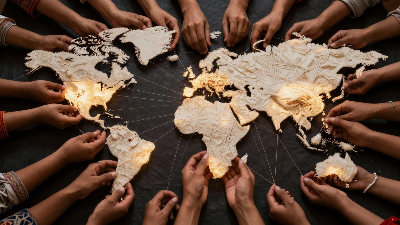 Millions of hands forming a global map with textile threads radiating to the world.