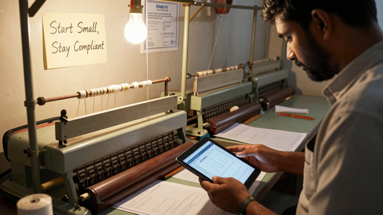 MSME owner reviewing cost breakdown on tablet beside used power looms, cotton threads and compliance documents in background.