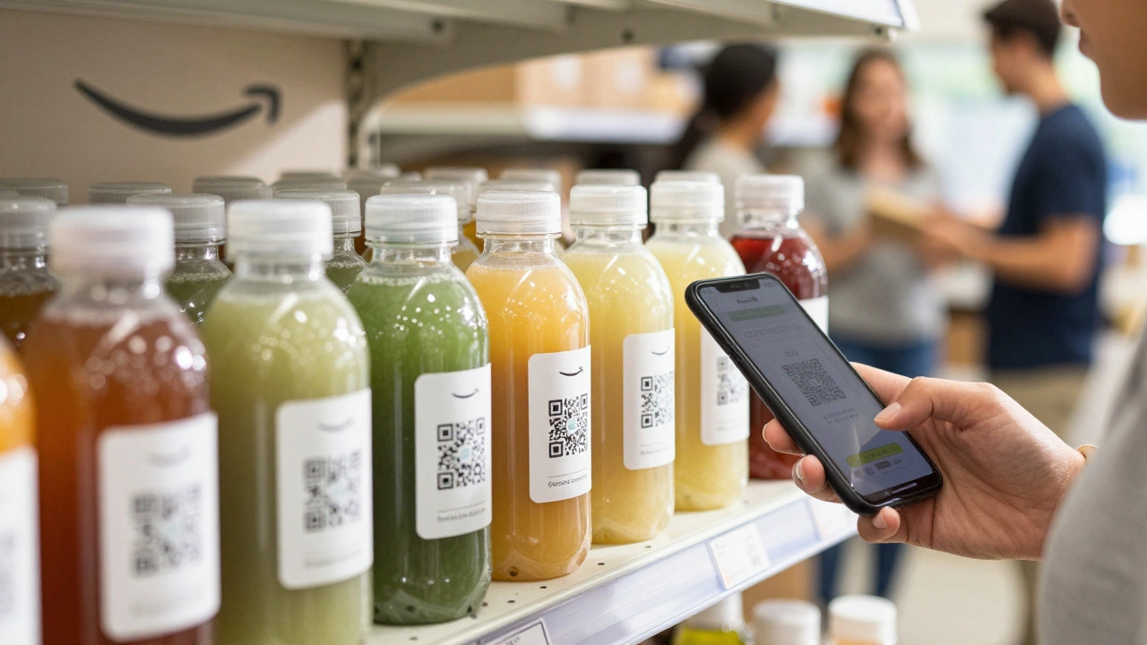 Smart packaging on store shelves changes color to indicate freshness, with QR codes for transparency.