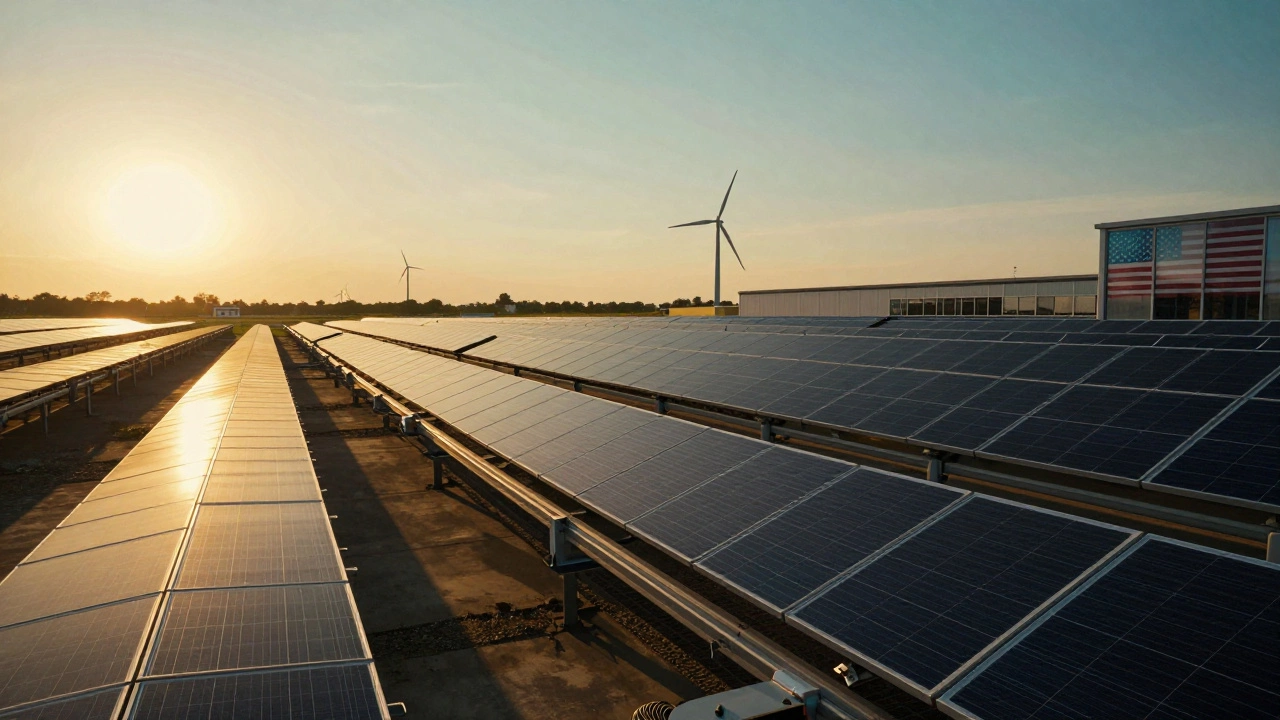 Solar panel production plant in Ohio at sunset with wind turbines nearby