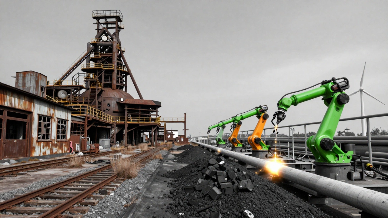 Split scene: decaying 1950s steel mill vs. clean modern mini-mill with wind turbines.