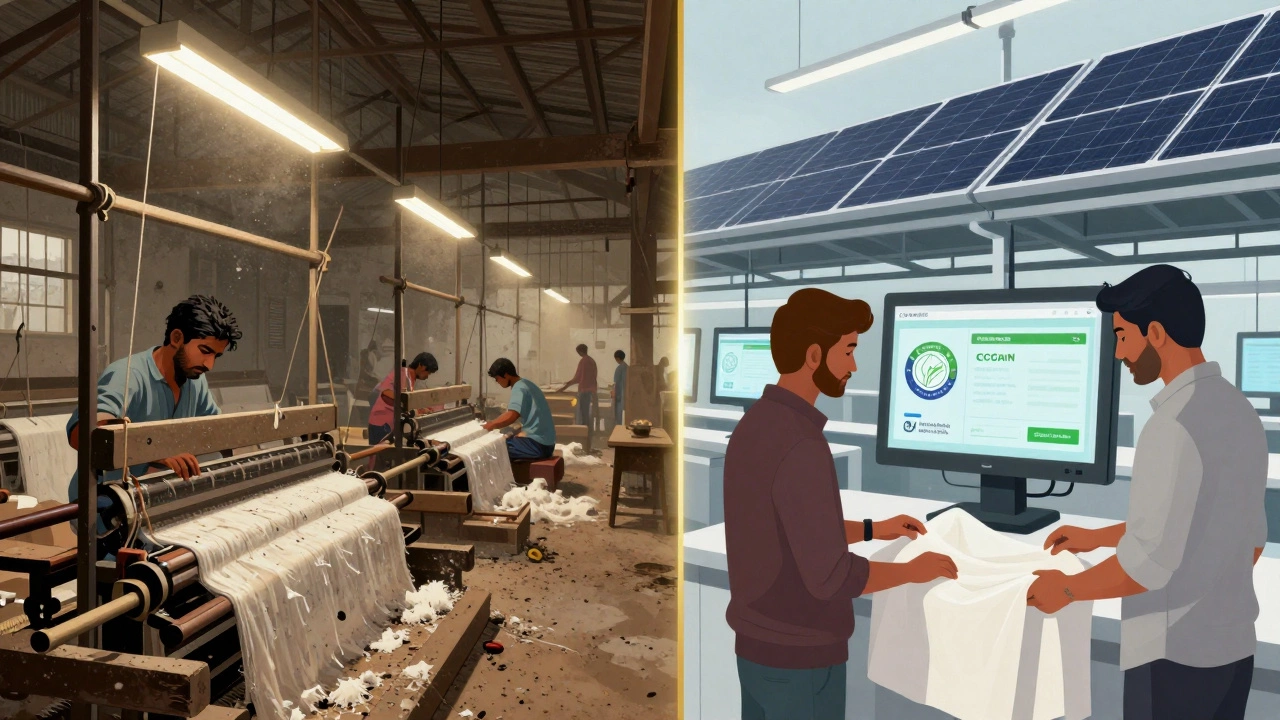 Split-screen contrast: aging mill on left, modern eco-certified mill on right, symbolizing industry divide.