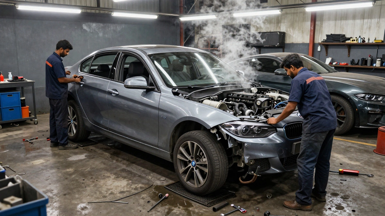 Technicians converting left-hand drive car to right-hand drive in Indian workshop