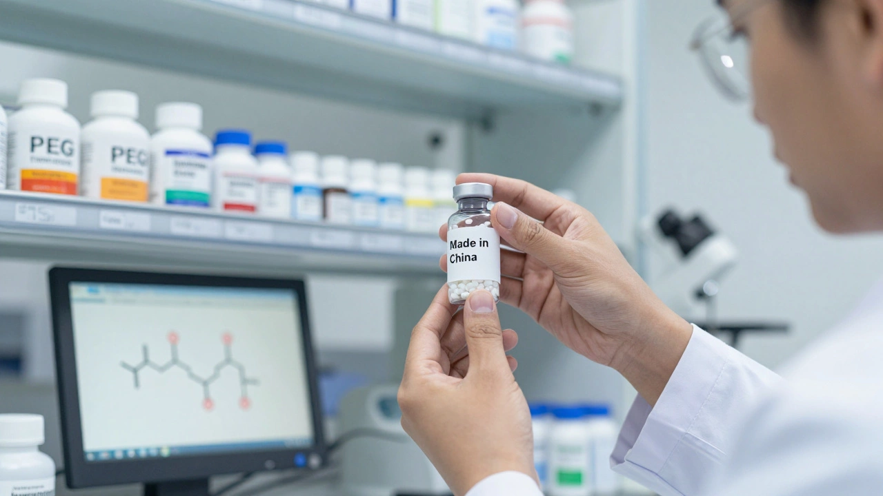 Technicians in a lab measuring imported pharmaceutical ingredients from glass vials.