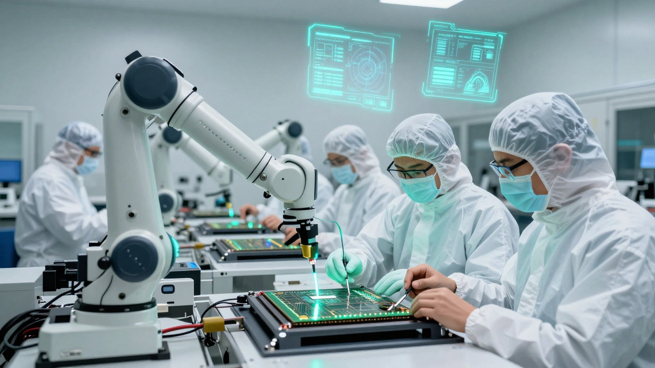 Technicians monitoring semiconductor manufacturing in a cleanroom
