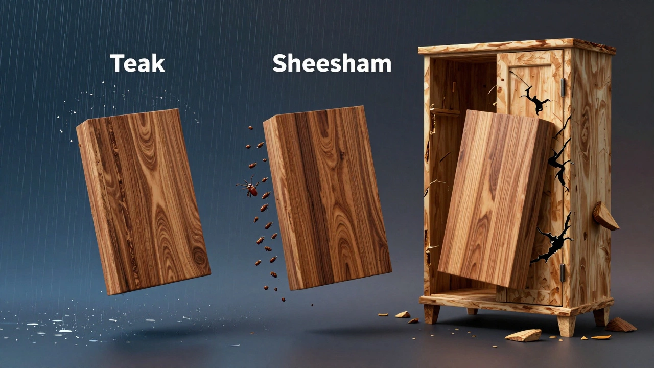 Three hardwood blocks—teak, sheesham, sal—floating with environmental stressors, while MDF crumbles behind.