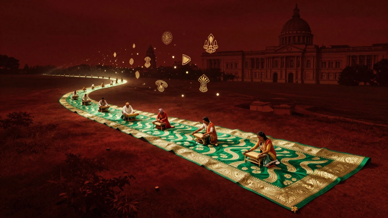 A glowing Banarasi sari flowing across a landscape, with traditional motifs and weavers, leading to a distant museum.