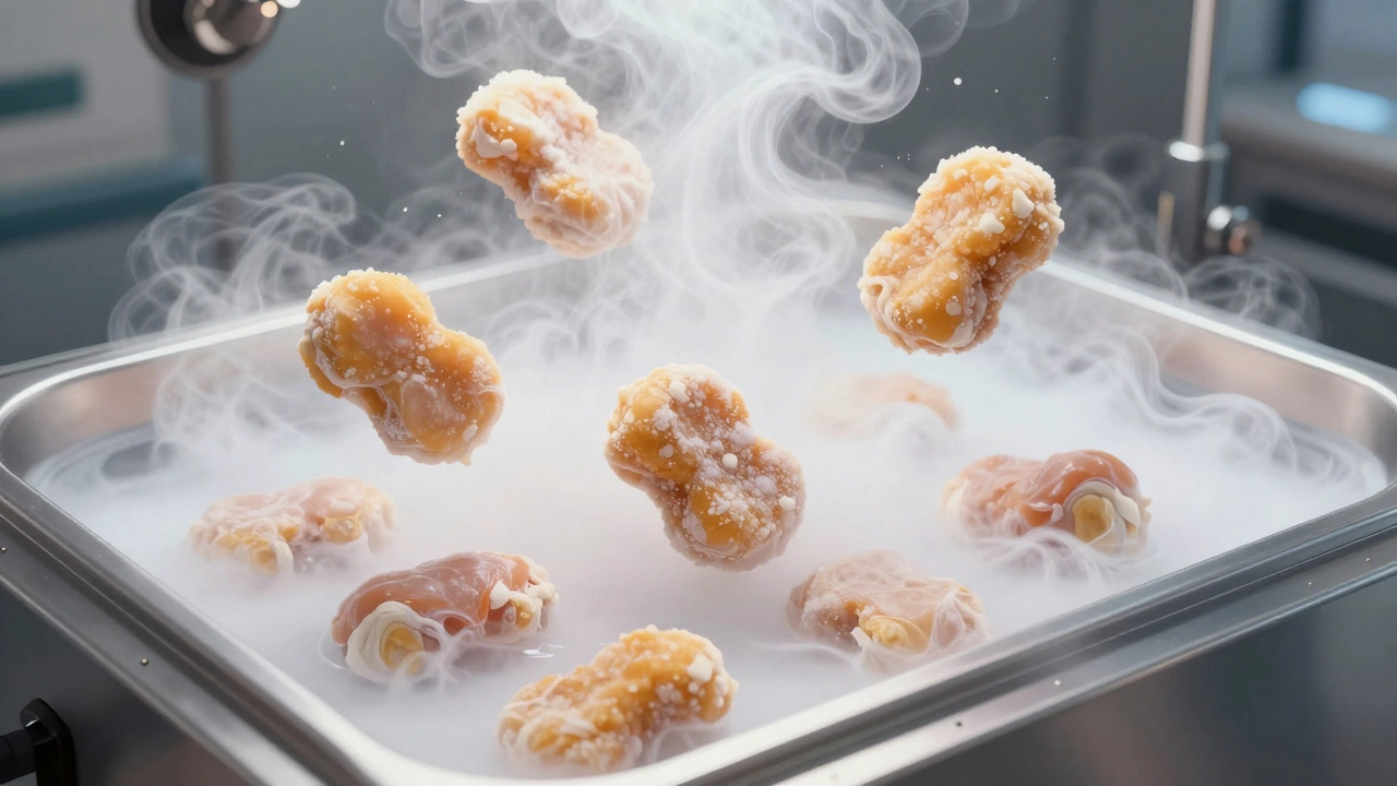 Chicken nuggets being instantly frozen in a cold vapor blast from a fluidized bed freezer.