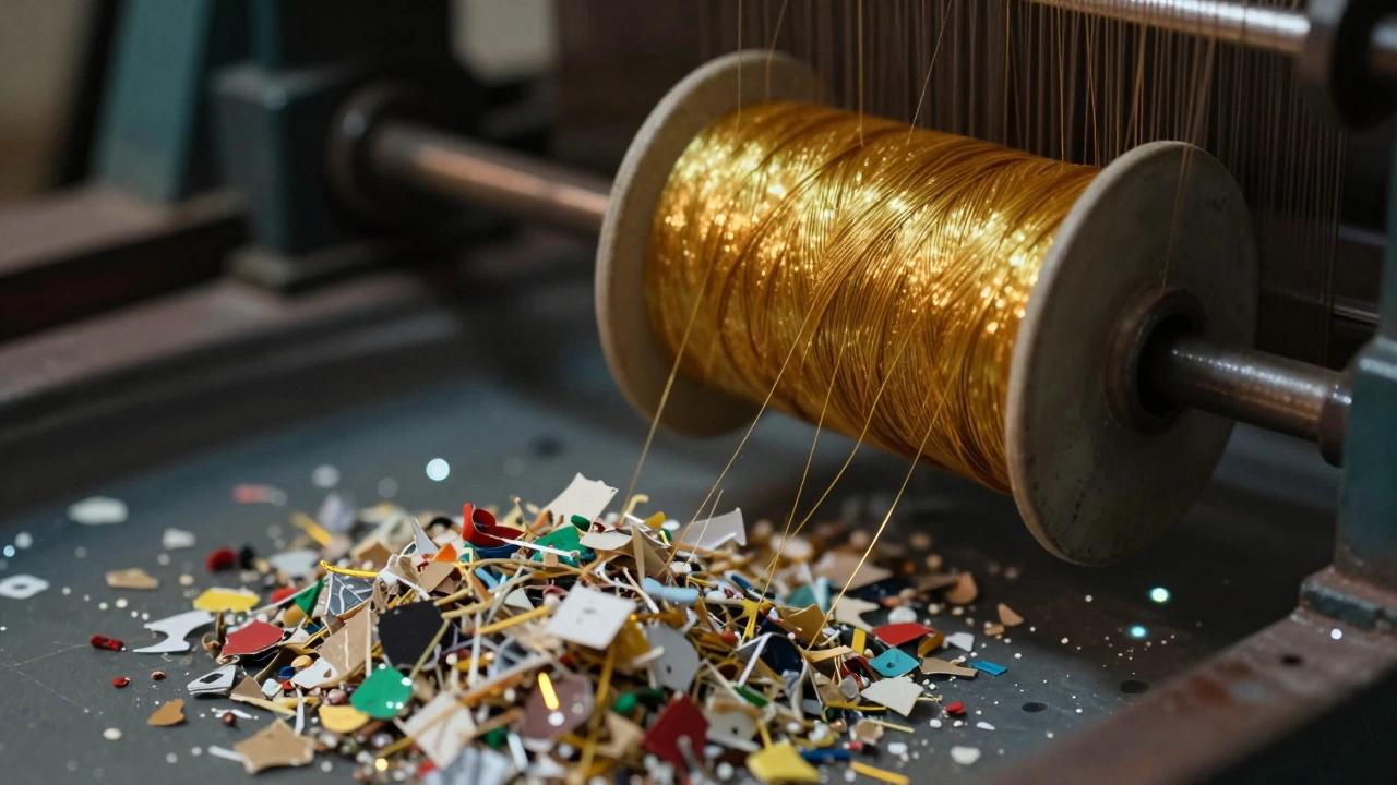 Close-up of shimmering machine-made zari thread next to recycled polyester scraps being processed for reuse.