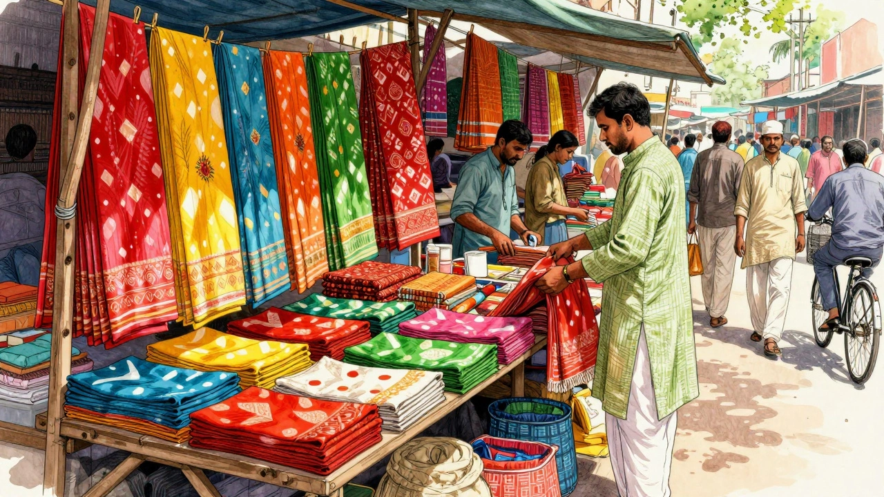 Colorful cotton fabrics displayed at a bustling Indian market stall.
