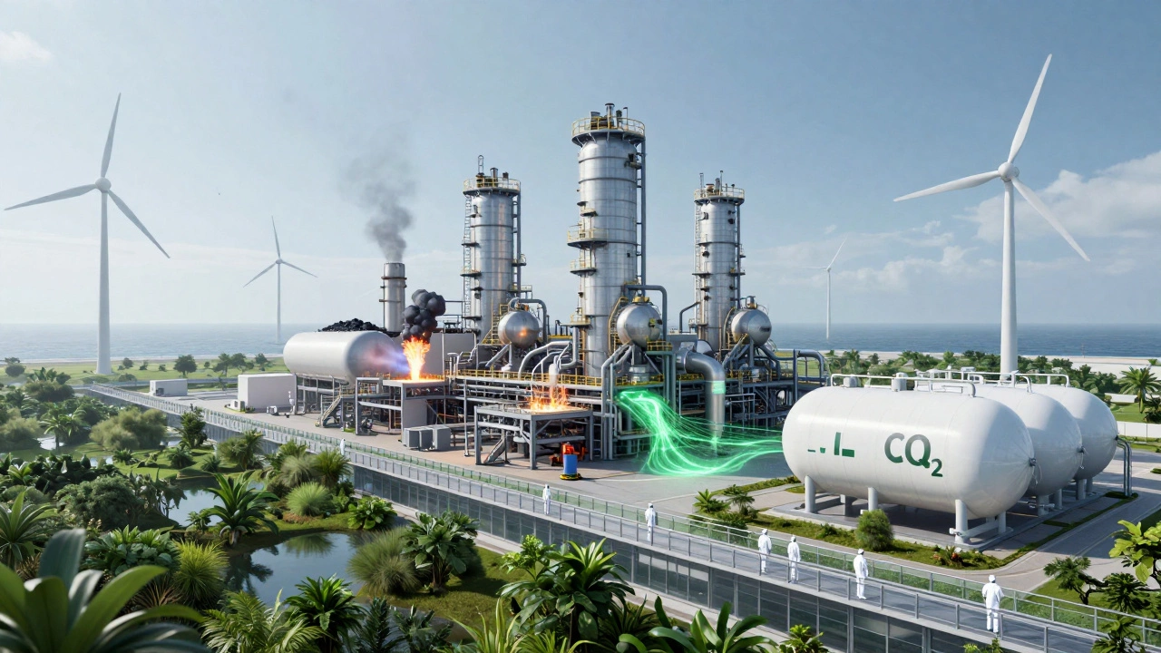 Future steel plant powered by hydrogen and wind energy, with carbon capture towers and greenery reclaiming the site.