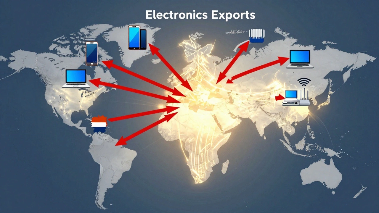 Global trade routes showing India exporting electronics to the US, Europe, and UAE.