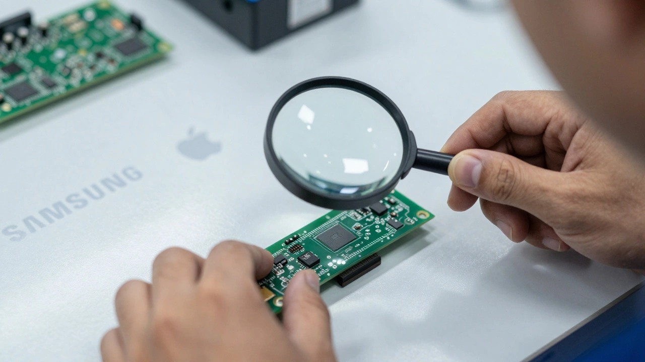 Hands assembling a circuit board in a cleanroom with branded devices reflected nearby.