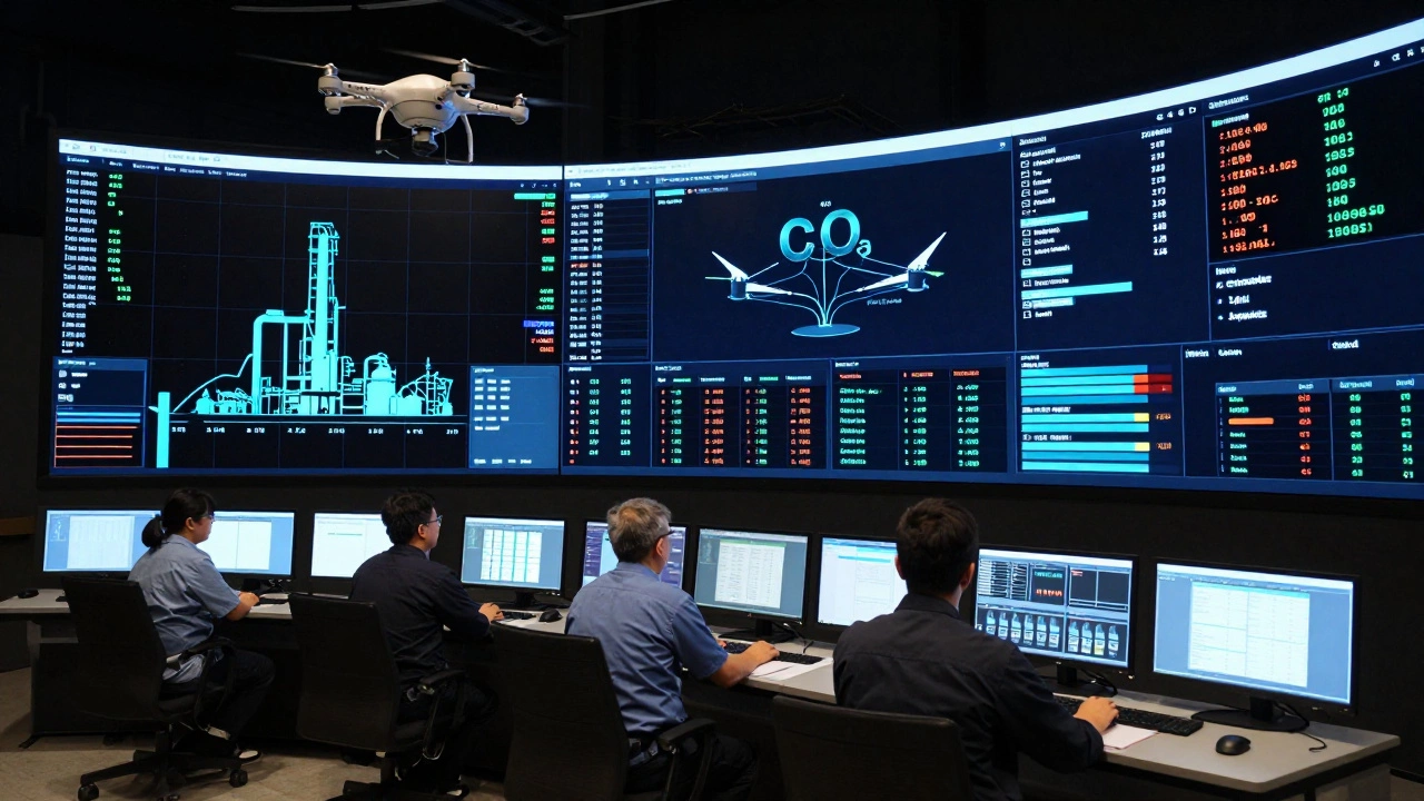 High-tech control room with digital dashboards and drones monitoring steel production in real time.