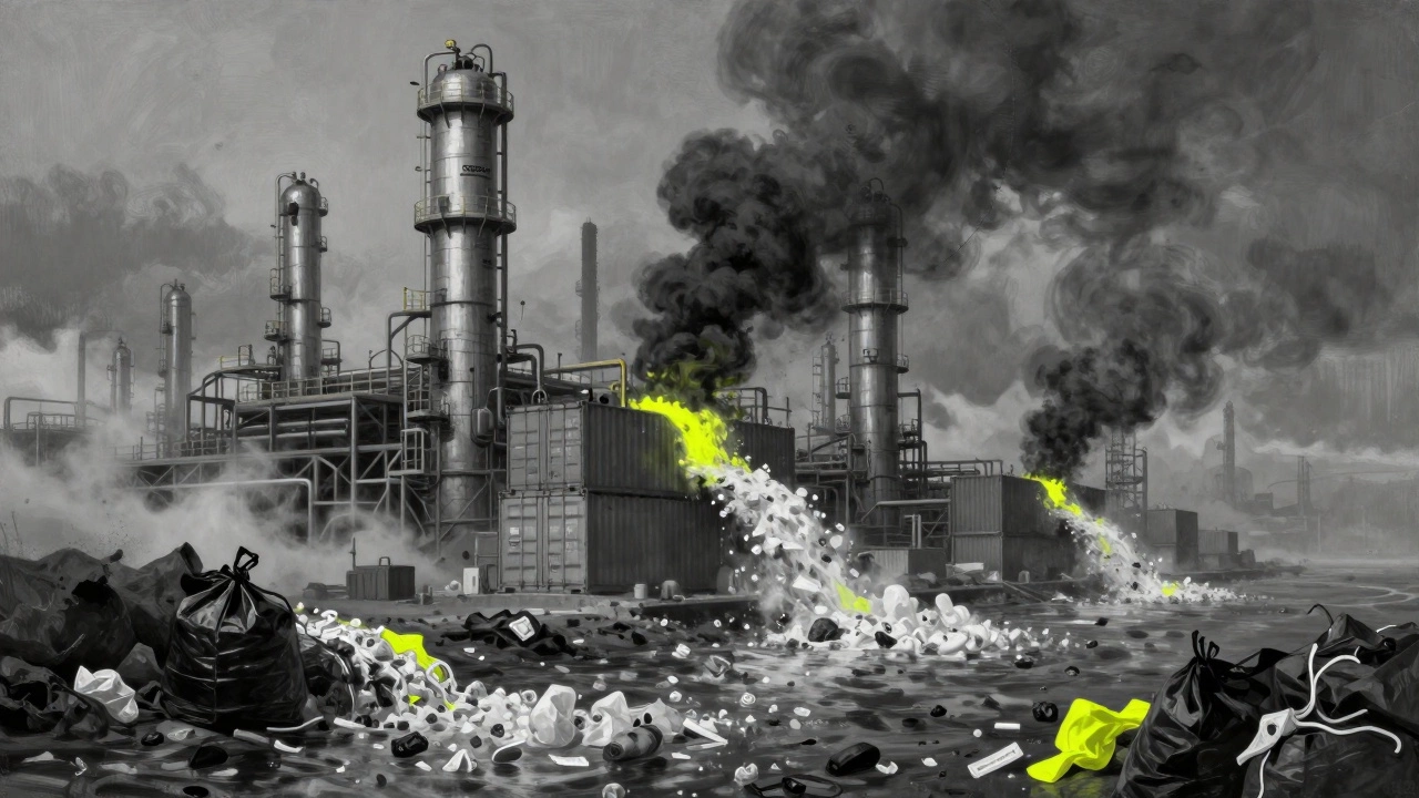 Industrial plants producing plastic pellets flowing toward rivers and oceans.