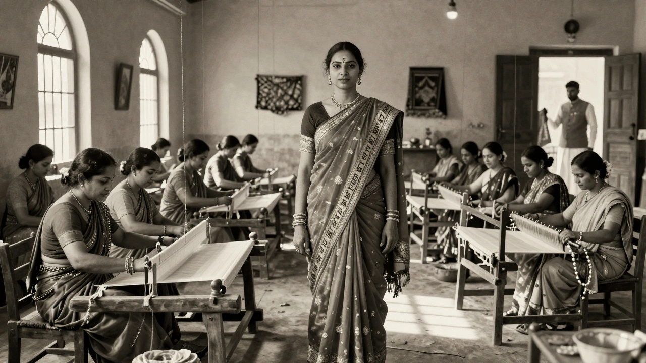 Kasturi Bai with a group of women weavers in a 1950s cooperative, sunlight illuminating their looms.