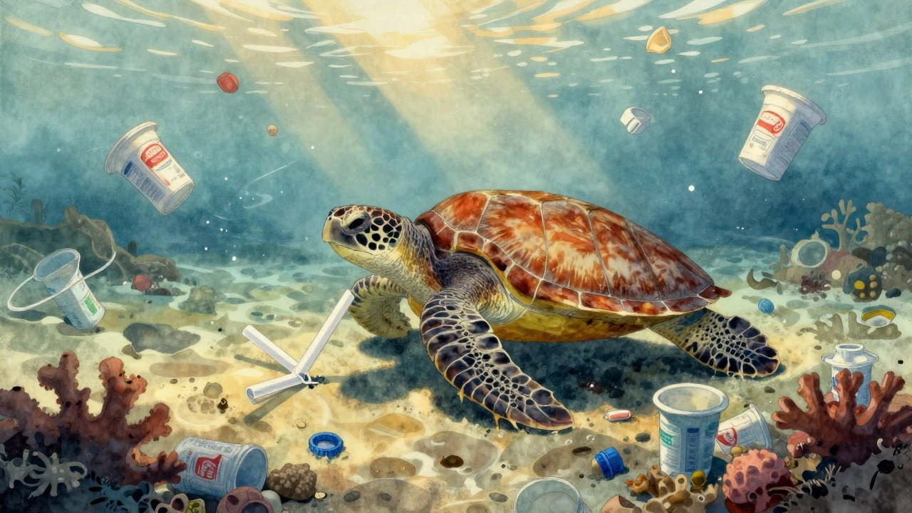 Sea turtle entangled in a plastic straw amid floating food containers in the sea.