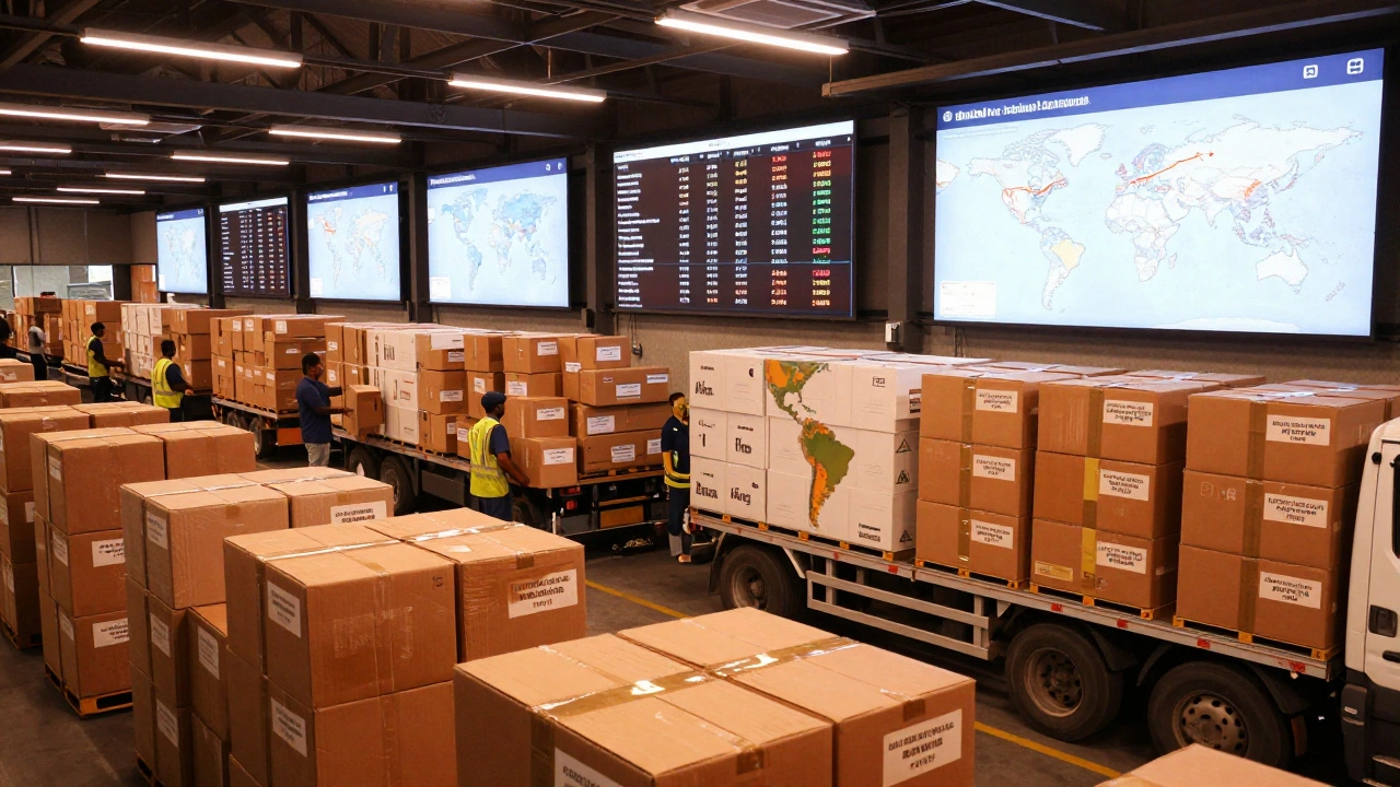 Workers loading exported electronics boxes onto trucks for global shipment.