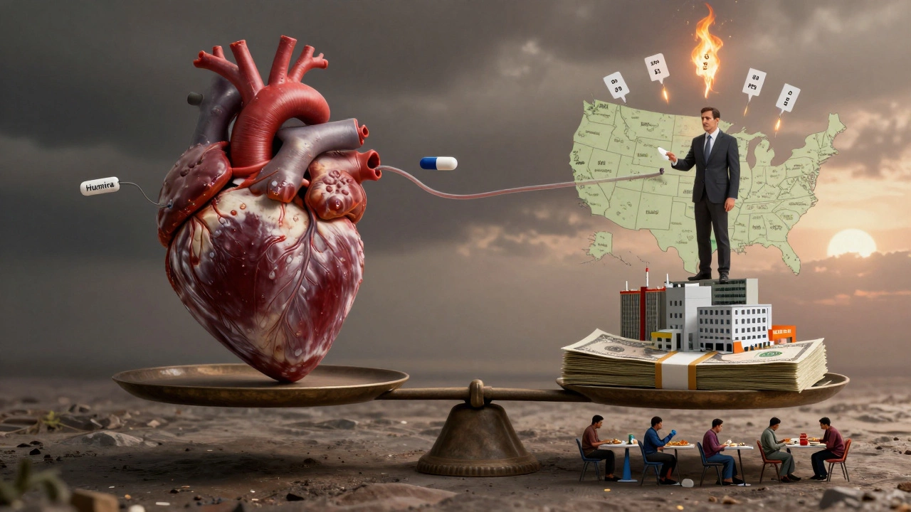 A symbolic scale balancing a human heart against piles of cash, with patients and corporate figures on opposite sides.