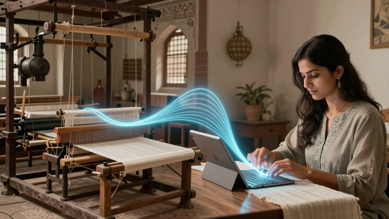 A symbolic split image showing traditional mill labor on one side and a woman using a tablet to stitch on the other.