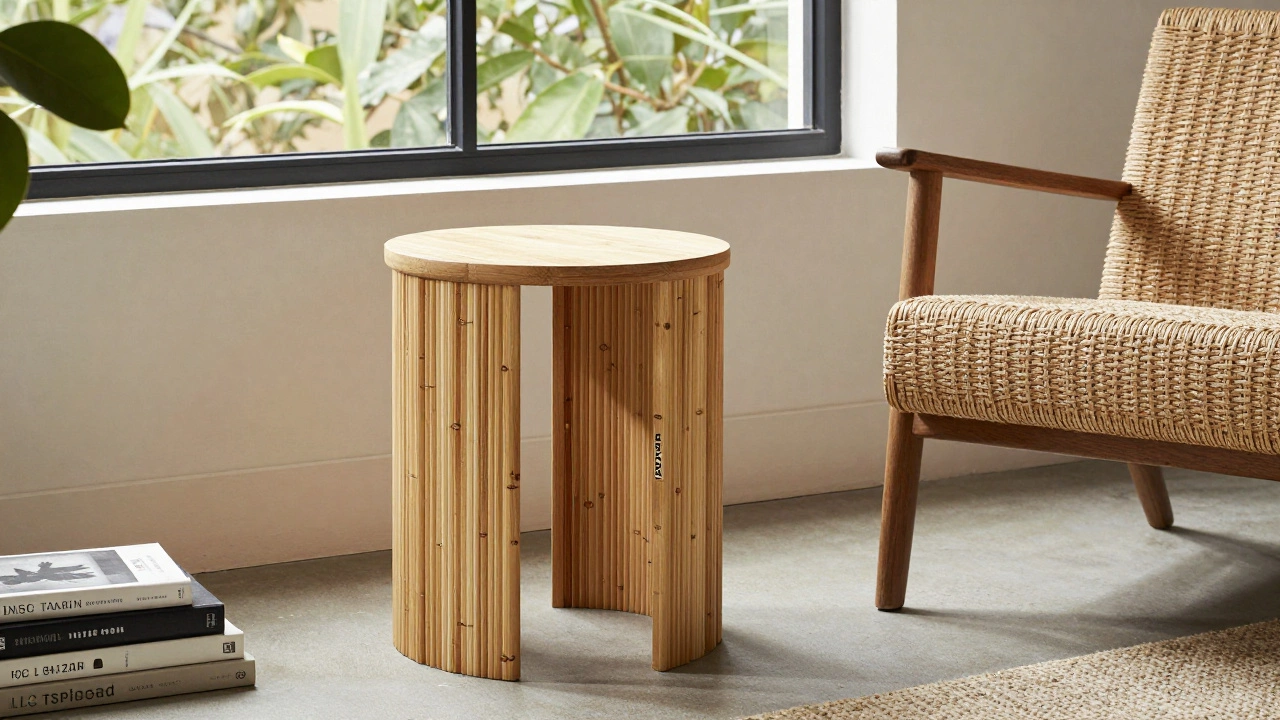 Minimalist Indian bamboo side table and jute armchair in a bright American home.