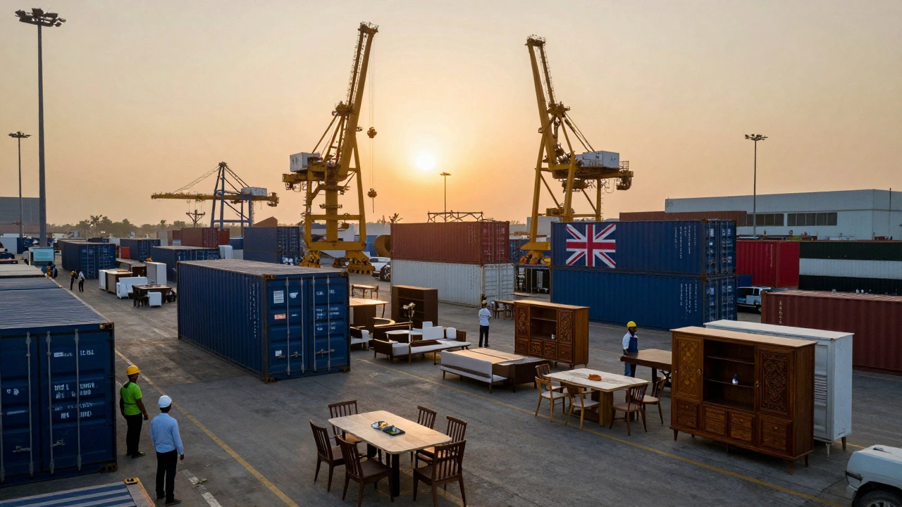 Shipping containers at Mundra Port loaded with Indian-made furniture bound for international markets.