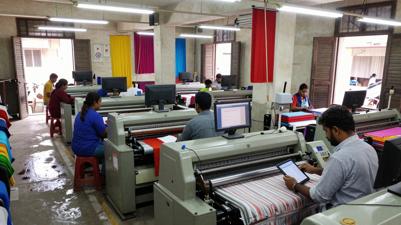 Small textile workshop in Shivranjani with workers using tablets to scan fabric and vibrant dyed cloth hanging everywhere.
