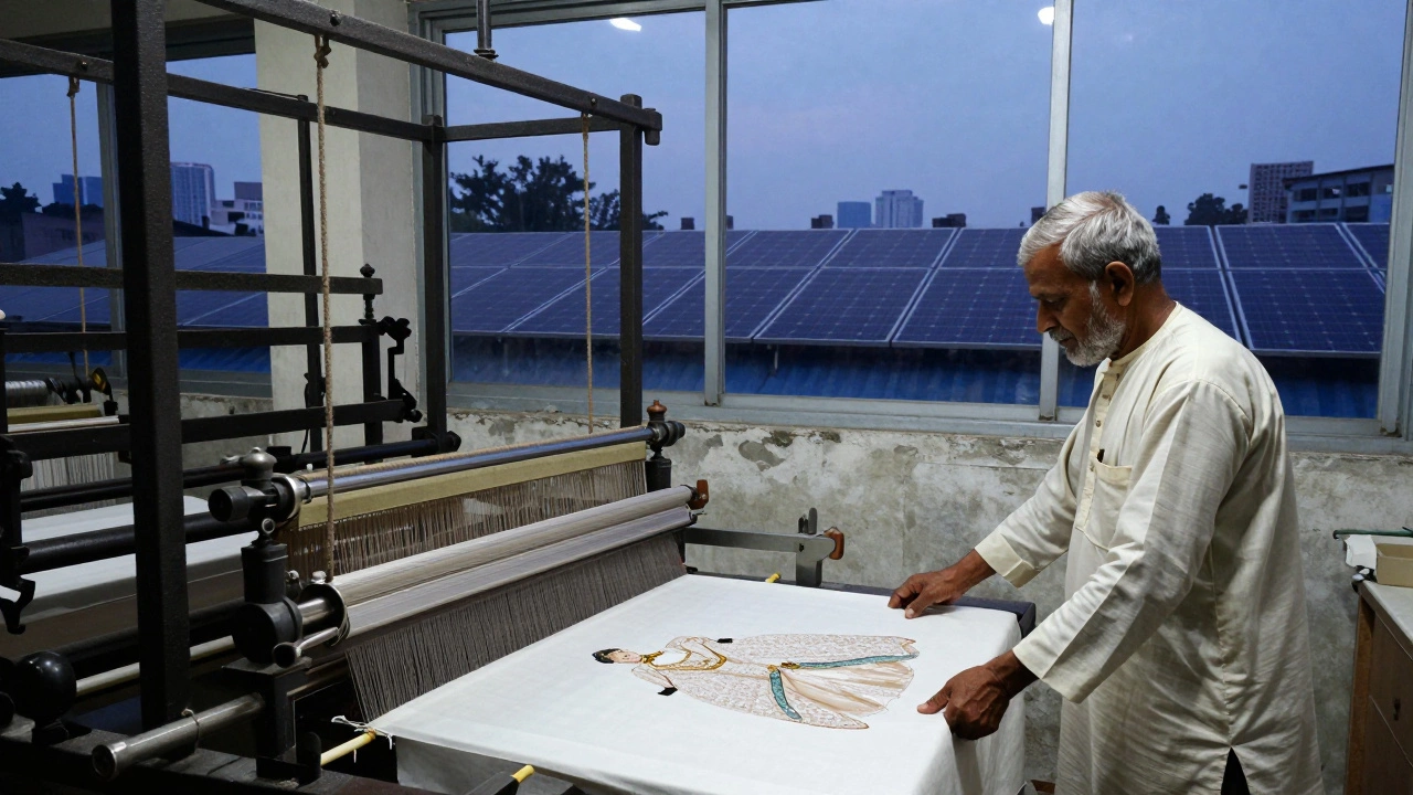 A modern Bombay Dyeing facility where vintage looms stand beside automated machines, with a craftsman folding fabric for museum restoration as solar panels gleam on the roof.