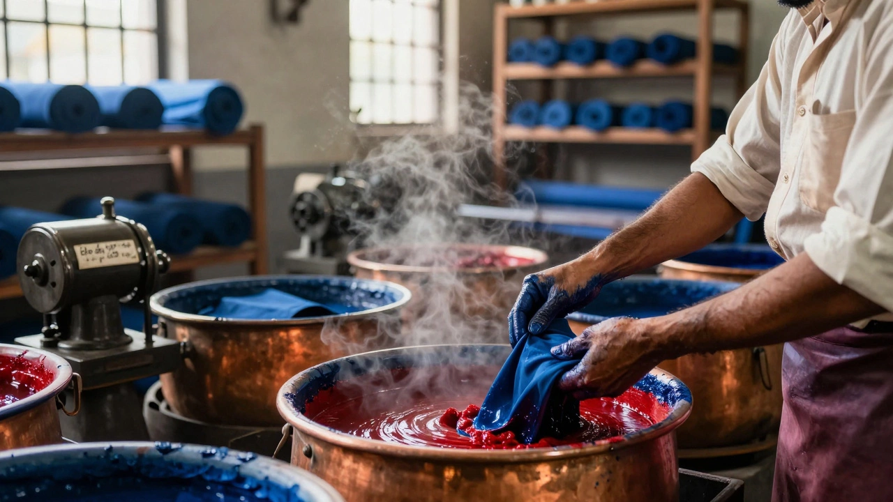 Artisans dipping fabric in vivid indigo and crimson dyes at Bombay Dyeing's 1920s workshop, their hands stained with color and steam rising from copper vats.