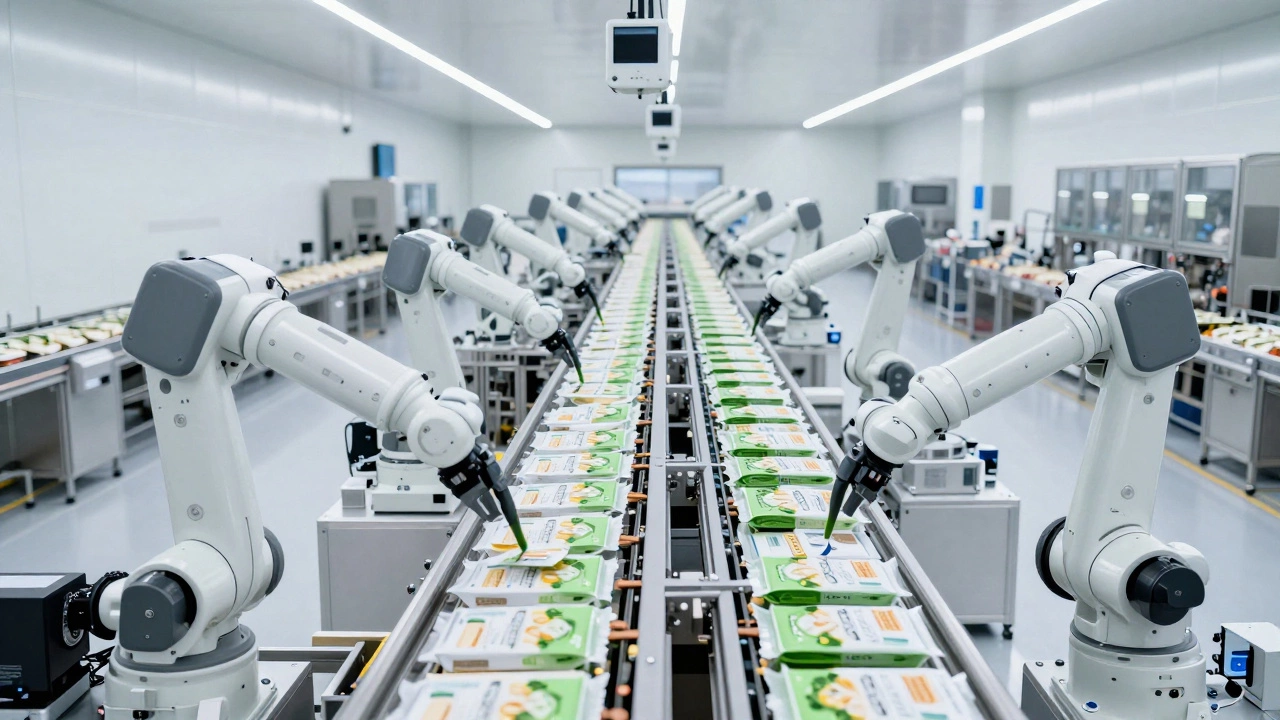 Automated robot arms packaging goods on assembly line