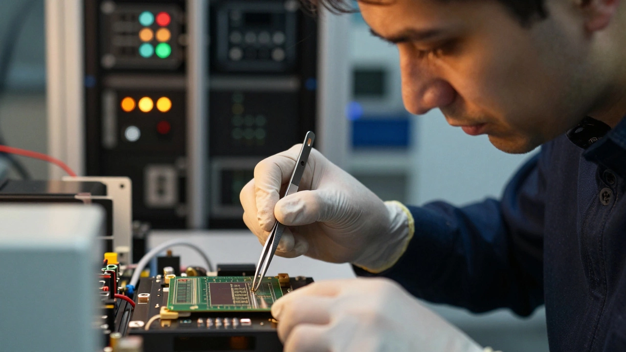Close up of technician handling delicate electronic components