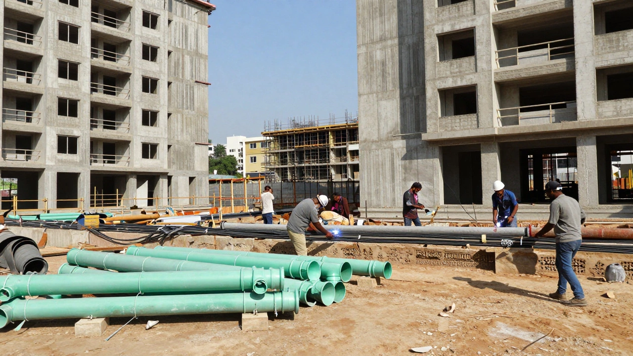 Construction workers installing PVC pipes and wiring in a new apartment complex, highlighting Chemplast Sanmar's infrastructure impact.
