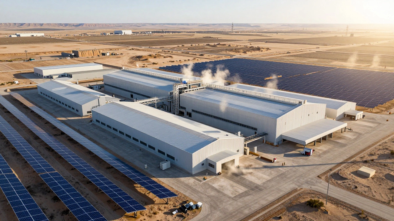 Large solar powered industrial facility in desert landscape